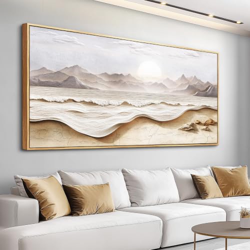 Wall Art Living Room Canvas Wall Decor for Bedroom Modern Office Restaurant Decor Abstract White Landscape Painting of Mountains and Seas Wall Printed Paint Home Decor Wood Framed 20x40 in - color: Yellow and White Sea Wave Mountain Landscape Painting, si