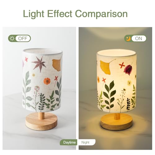 Pressed Flowers Table Lamp 5W LED 3Color Temperatures Dried Flower Bedside Lamp Linen Shade with Wood Base for Bedroom Living Room Desk Office - color: Leaf-3-Color