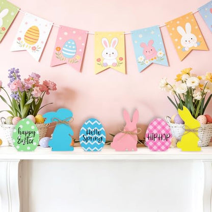 6Pcs Easter Bunny Decorations for Home Wooden Easter Table Signs Rabbit Egg Shaped Tabletop Centerpieces with Rope for Tiered Tray Decor Home Indoor Office Party Farmhouse Decor