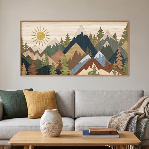 BICERE Large Abstract Mountain Woodcut Framed Canvas Wall Art,Vintage Pine Tree Wall Decor,Rustic Nature Forest Painting,Neutral Artwork for Living Room,Bedroom,Dining Room,Farmhouse - 20"x40"x1 - color: Abstract Woodcut Wall Art, size: 40''L x 20''W