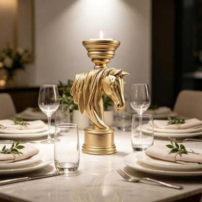 Golden Horse Head Candle Holder 12 Inch – Equestrian Gold Stallion Statue Pillar Candle Stand - color: Gold Horse