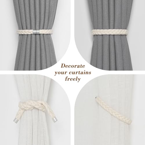 NICEEC 2 Pack Natural Cotton Rope Curtain Tiebacks Elegant Boho Style Magnetic Drape Tie Backs Soft Hand-Woven Rope Curtain Holdbacks for Home & Office Drapery (Cotton rope-03) - color: Cotton Rope-03, size: 2 Pack