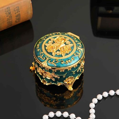 Vintage Round Metal Jewelry Box, Exquisite Hand-Carved Gold Pattern, Trinket for Rings, Earrings, Necklaces-Ideal Retro Keepsake or
