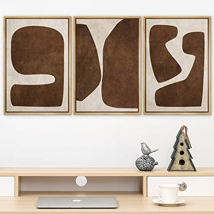 SIGNLEADER Framed Canvas Print Wall Art Set Brown Tan Retro Polygon Collage Abstract Shapes Illustrations Modern Art Geometric Zen Mid-Century for Living Room, Bedroom, Office - 24"" x36 x3 NATURAL - color: L29-2212-win43, size: 24"x36"x3 Panels Natural