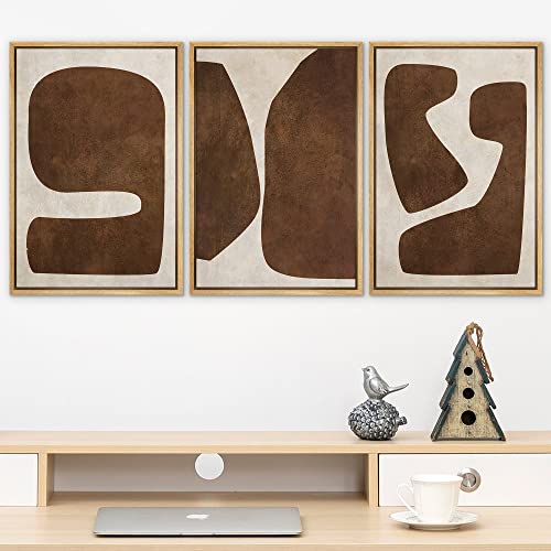 SIGNLEADER Framed Canvas Print Wall Art Set Brown Tan Retro Polygon Collage Abstract Shapes Illustrations Modern Art Geometric Zen Mid-Century for Living Room, Bedroom, Office - 24"" x36 x3 NATURAL - color: L29-2212-win43, size: 24"x36"x3 Panels Natural