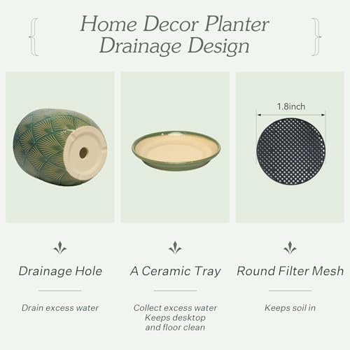 7.2 Inch Modern Ceramic Glaze Plant Pot with Drainage Hole,Mesh Net,Saucer,Indoor Outdoor Planter (Fan-Green) - color: Fan-green