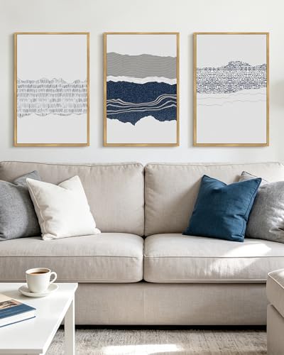 PHOPAGO Navy Blue Abstract Shapes Framed Wall Art 16x24in Natural Frame - color: Cyan Mid Century, size: 24L" x 16W" x 3 Pcs Natural