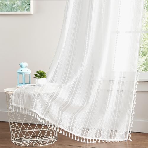 Amzdecor White Boho Lace Tassels Curtains for Bedroom Living Room 40"Wx63"L - color: White, size: 40"W x 63"L (Pack of 2)