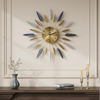 Cuspin 24 Inch Gold Wall Clock Large Mid Century Modern Sunburst Wall Clock - color: Leaf Sunburst, size: Small