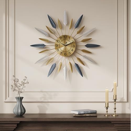 Cuspin 24 Inch Gold Wall Clock Large Mid Century Modern Sunburst Wall Clock - color: Leaf Sunburst, size: Small