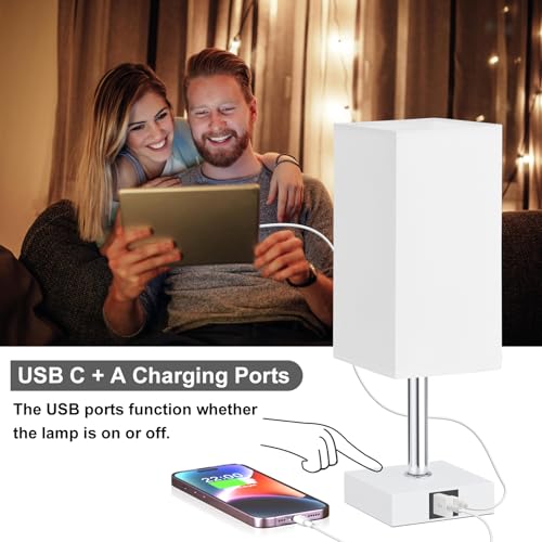 Touch Table Lamp for Bedroom - Dimmable, USB C+A, White Lamphade White Base - color: White & White