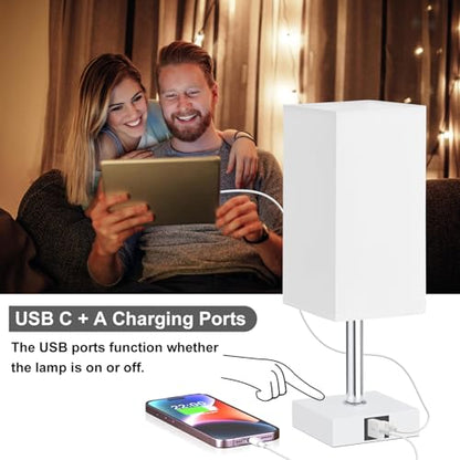 Touch Table Lamp for Bedroom - Dimmable, USB C+A, White Lamphade White Base - color: White & White