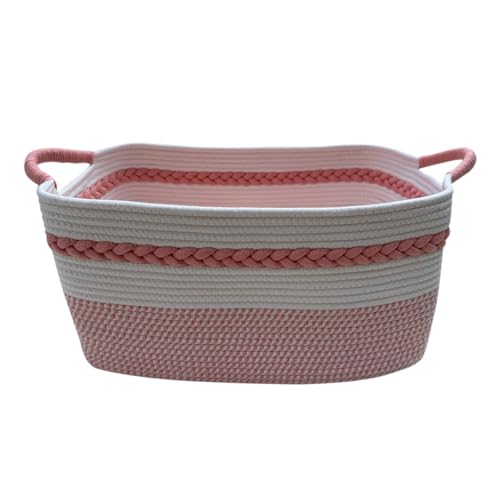 Decorative laundry basket with handles woven from natural cotton rope storage blankets for living room cute boho quilted gift baskets for clothes pillows toys 20"x14"x10",white/pink - color: white/pink, size: 47L 20"x14"x10"