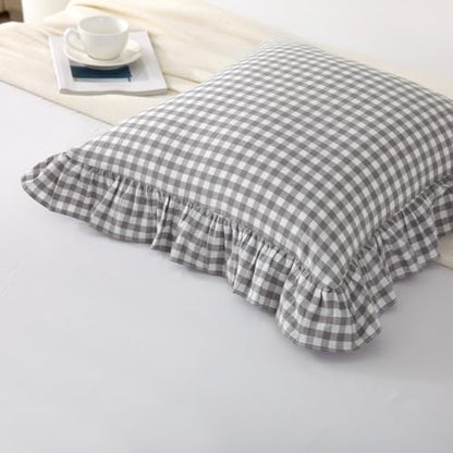 Silnuo 2 Pack Grey/White Plaid Ruffle Throw Pillow Covers Farmhouse Checkered Pillowcases Washed Cotton Gingham Pillow Shams for Bed, Sofa, Living Room-20"x20" - color: Grey/White Plaid, size: 20" x 20" - Set of 2