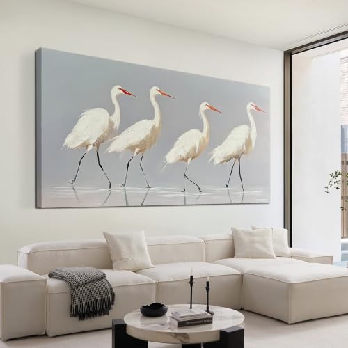 SSNEEKNDG White Heron Wall Art Bird Painting Animal Texture Artwork 29"x58" - size: 29"L x 58"W