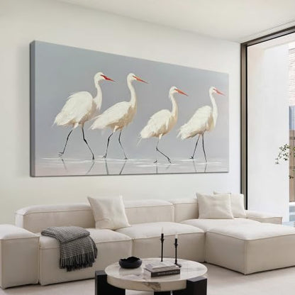 SSNEEKNDG White Heron Wall Art Bird Painting Animal Texture Artwork 29"x58" - size: 29"L x 58"W