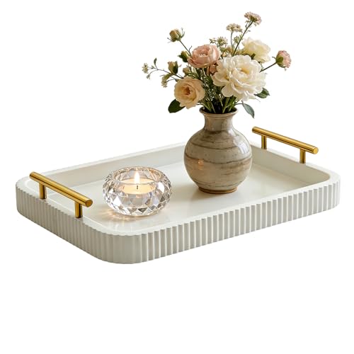 Rectangle Modern Wood Serving Tray with Metal Handles, High Gloss White Finish, 16x12 Inch Coffee Table Ottoman Tray for Storage and Display (White) - color: White