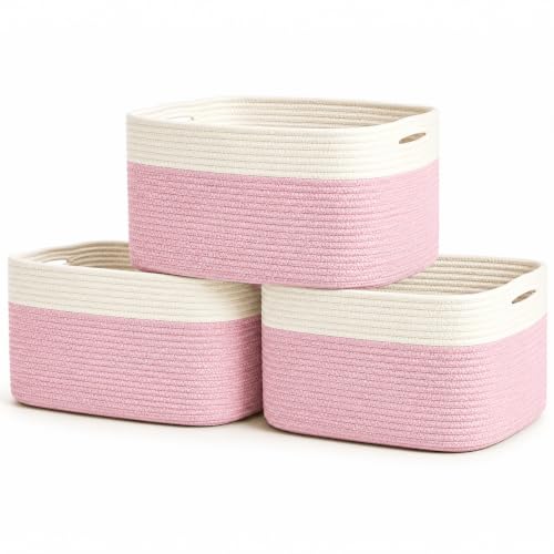 OrganiHaus Cotton Rope Baskets for Shelves, Set of 3, 15x9x10 - color: Pink / Off-White
