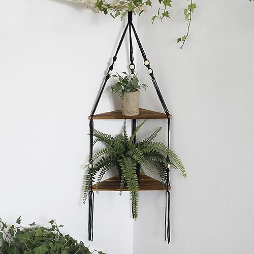 Artilady Corner Shelf Macrame Wall Hanging Balck, Boho Wood Storage Decor - color: Black - 2 Tier