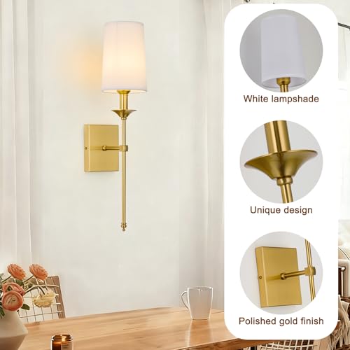 Gold Wall Sconce Set of 2,Hardwired Bathroom Vanity Light Fixture with White Fabric Shade,Gold Sconce for Living Room Dining Room Fireplace Mantel - color: Gold