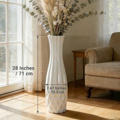 White Tall Ceramic Floor Vase, 28 Inch, Flared Geometric Design - color: Shape 2, size: 28 Inch