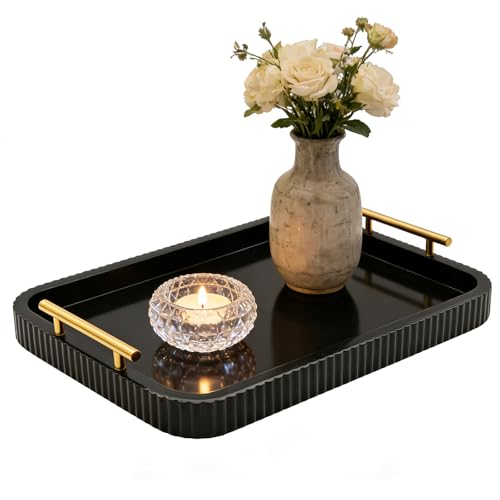 Rectangle Modern Wood Serving Tray with Metal Handles, High Gloss Black Finish, 16x12 Inch Coffee Table Ottoman Tray for Storage and Display (Black) - color: Black