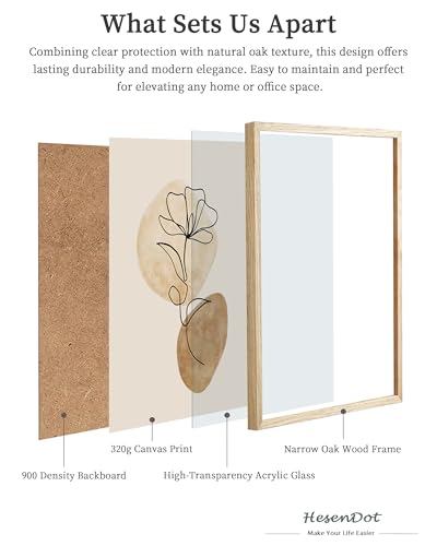 HesenDot Natural OAK Wood Floral Line Drawing Framed Wall Art, 12x16in - color: Boho Floral Line