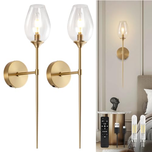 Battery Operated wall Sconce Set of 2 Flower Glass 3000K~6000K Rechargeable Gold Wall Light Fixture Wireless Wall Lights with Clear Glass Shade for Living Room, Hallway, Bedroom(2 Pack)