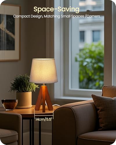 Tripod Table Lamp, 14.6" Small Bedside Lamp with Gray Linen Shade & Dark Wood Base, Modern Nightstand Lamp for Bedroom, Kids Room, Living Room, Nursery, Office, E26 Socket, LH51TL05 - color: Gray+Pearwood