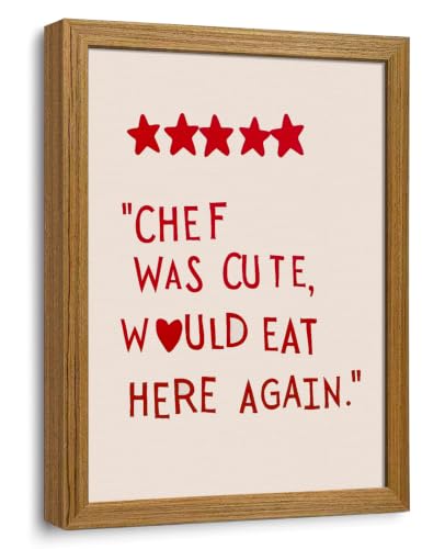 Funny Kitchen Wall Art 5 Star Review Quote Canvas Print Chef Was Cute Would Eat Here Again Red Text Wall Decor for Cafe Bistro Kitchen Dining Room Framed 12x16 inch - color: chef, size: 16"L x 12"W