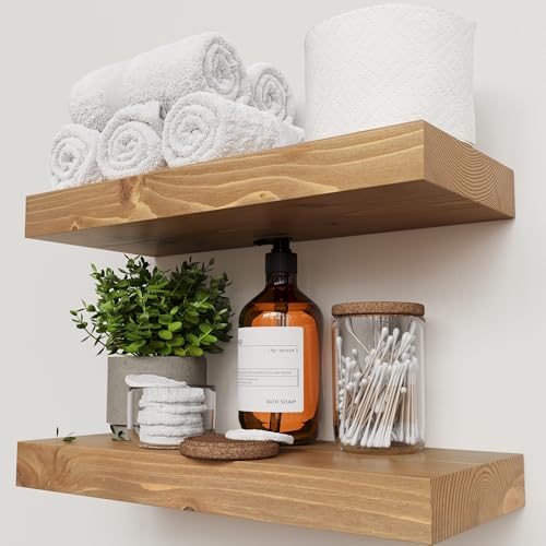 Natural Wood Floating Shelves for Wall 16 Inch Oak, Wooden Bathroom Shelf - color: Gold Oak, size: 16 Inch