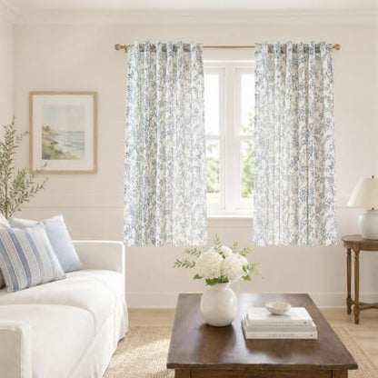 Lazzzy Blue Floral Linen Curtains Farmhouse Rod Pocket 50W X 63L 2 Panels - color: Blue on Beige, size: 50"W x 63"L (Pack of 2)