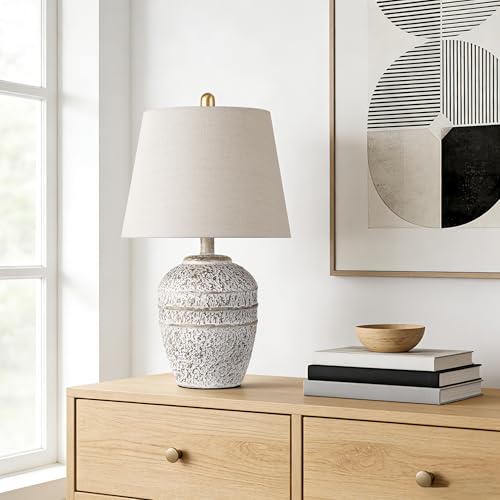 Farmhouse Ceramic Table Lamp, Natural Distressed Earth Tone Finish, Grey