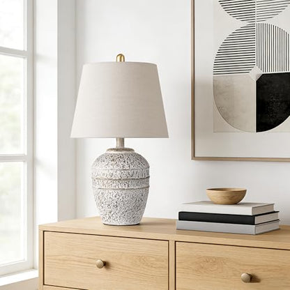Farmhouse Ceramic Table Lamp, Natural Distressed Earth Tone Finish, Grey