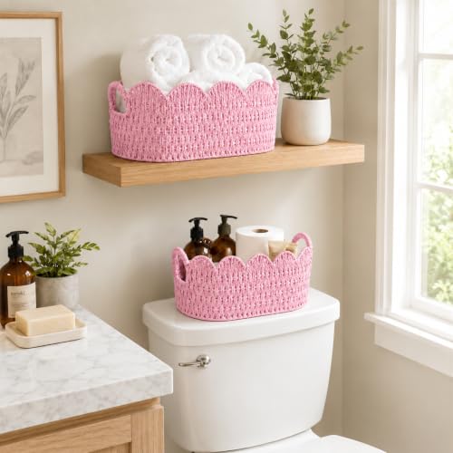 Endymion Set of 2 Paper Rope Scalloped Basket, Wicker Storage Baskets Pink - color: Pink
