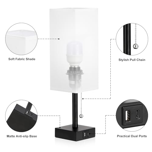 Set of 2 White Bedside Table Lamps for Bedroom - Nightstand Lamp, USB C+A - color: White & Black (2PCS), size: 14.3in