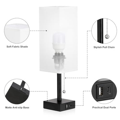 Set of 2 White Bedside Table Lamps for Bedroom - Nightstand Lamp, USB C+A - color: White & Black (2PCS), size: 14.3in