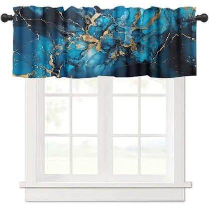 Dark Blue Marble Valance, Luxury Abstract Navy Blue Black Golden Marble Texture Print Blackout Valance Curtain for Kitchen Cafe Bedroom Living Room, 54x18inch - color: Marble-10