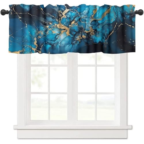 Dark Blue Marble Valance, Luxury Abstract Navy Blue Black Golden Marble Texture Print Blackout Valance Curtain for Kitchen Cafe Bedroom Living Room, 54x18inch - color: Marble-10