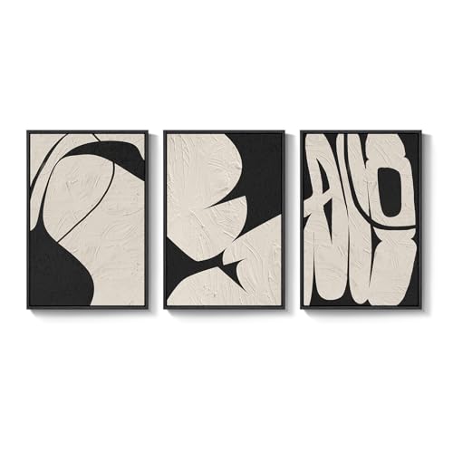Large Framed Neutral Abstract Wall Art, 3 Piece Black and Beige, 24x36 In - color: Black & Beige Forms, size: 24" W x 36" H x 3pcs