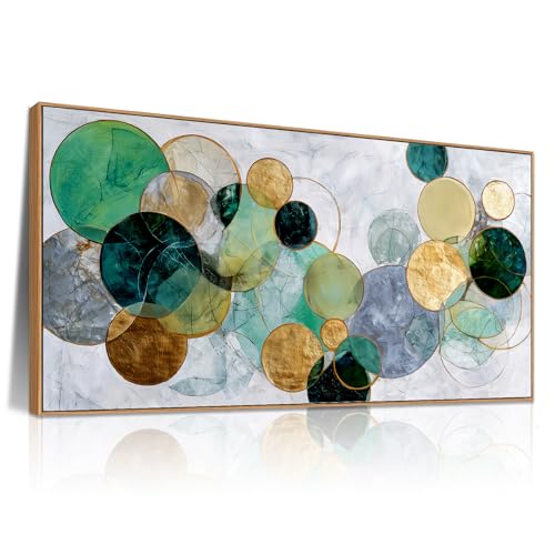 BQVCT Abstract Geometric Circles Wall Art Green Gold Teal Framed Canvas Print Modern Contemporary Art for Living Room Bedroom Home Office Decor Size:20x40 in - size: 40"L x 20"W