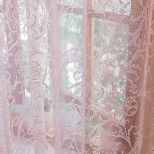 TUDECO Pink Lace Curtains 63 Inch Length, Romantic Ruffle Edges, 2 Panels - color: Pink, size: 59"W x 63"L (Pack of 2)