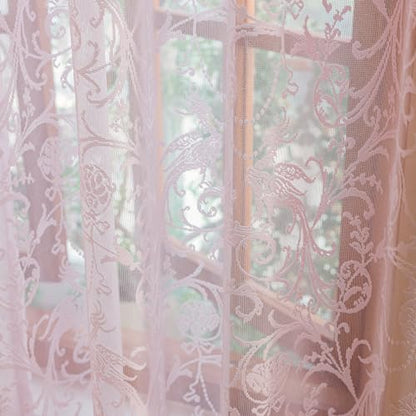 TUDECO Pink Lace Curtains 63 Inch Length, Romantic Ruffle Edges, 2 Panels - color: Pink, size: 59"W x 63"L (Pack of 2)