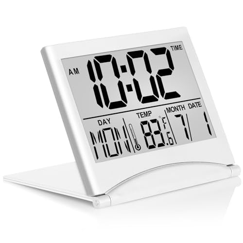 Betus Digital Travel Alarm Clock - Foldable Calendar Temperature Timer LCD Clock with Snooze Mode - Large Number Display, Battery Operated - Compact Desk Clock(Silver, No Backlight) - color: Silver Pack of 1