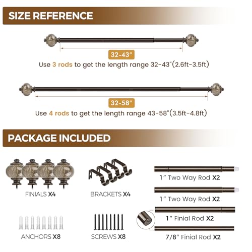 KAMANINA 2 Pack Curtain Rods 32 to 58 Inch, Bronze Drapery Rod, 1" Diameter - color: Bronze, size: 32-58"(2Pack)