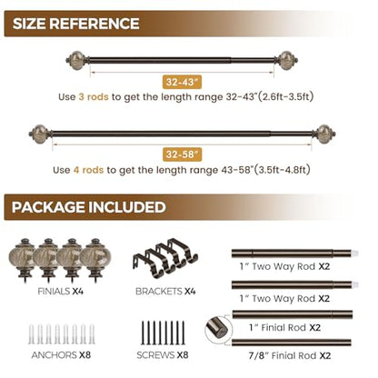 KAMANINA 2 Pack Curtain Rods 32 to 58 Inch, Bronze Drapery Rod, 1" Diameter - color: Bronze, size: 32-58"(2Pack)