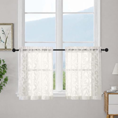 OWENIE Leyna Ivory Sheer Curtain 24 Inch Length Cafe Curtains 2 Panels - color: Ivory, size: 28"W x 24"L (Pack of 2)