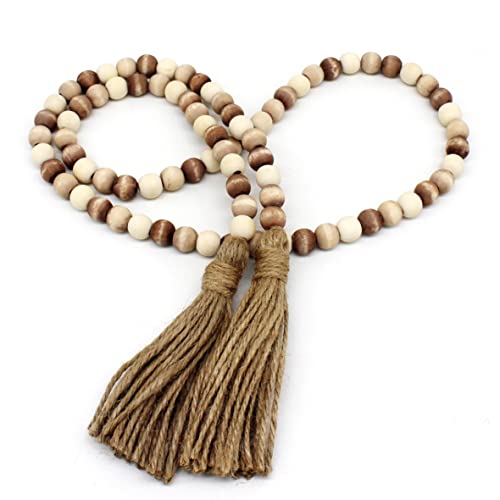 CVHOMEDECO. Wood Beads Garland with Tassels Farmhouse Rustic Wooden Prayer Bead String Wall Hanging Accent for Home Festival Decor. Mix Distressed - color: Mix Distressed