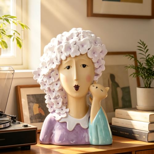 DiliComing Women-Head Statues for Home Decor 13 Inch Modern Art Statue - color: Women & Cat Purple
