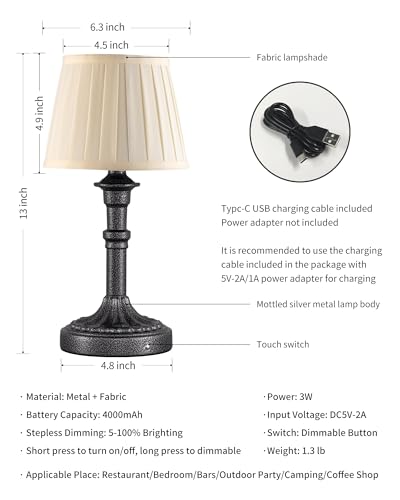 KDG Mottled Silver Cordless Table Lamps Set of 2, Beige Fabric Shade Light - color: Mottled Silver + Fabric Lampshde (2 Pack)